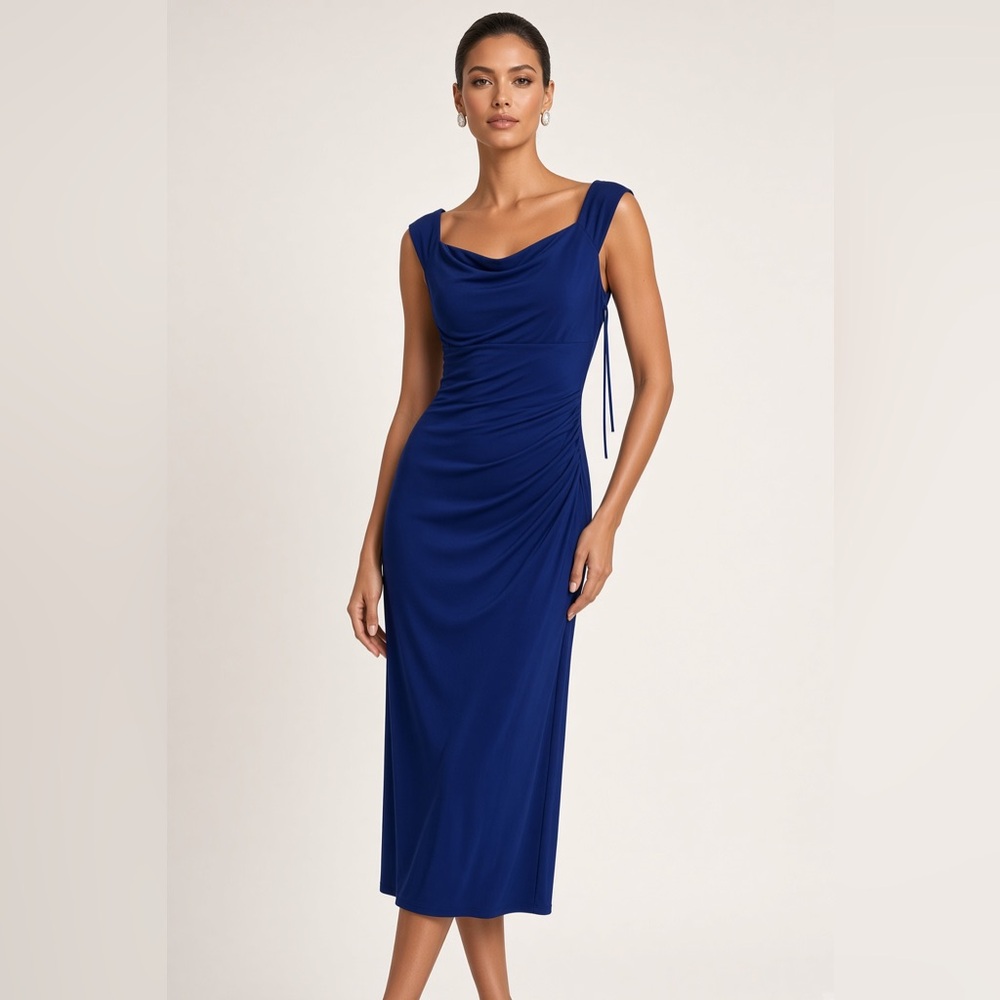 Scarlett Royal Navy Draped Sleeveless Midi Dress